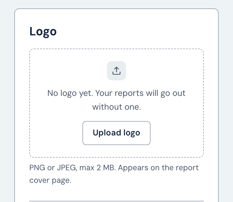 The Logo section of the Branding page with no logo uploaded yet, showing the Upload logo button and the PNG or JPEG, max 2 MB line.