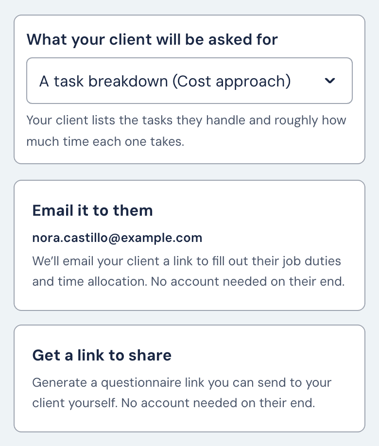 The Send the questionnaire screen with the Cost approach chosen under What your client will be asked for, and the Email it to them and Get a link to share options below it.