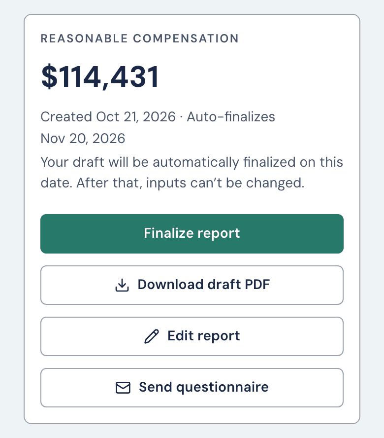 The top card of a Draft report page showing the compensation figure, the Created and Auto-finalizes dates, and the Finalize report button above the Download draft PDF, Edit report and Send questionnaire buttons.