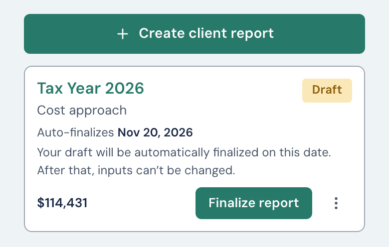 The client page with the Create client report button above one Draft report for Tax Year 2026, with its Auto-finalizes date and a Finalize report button.