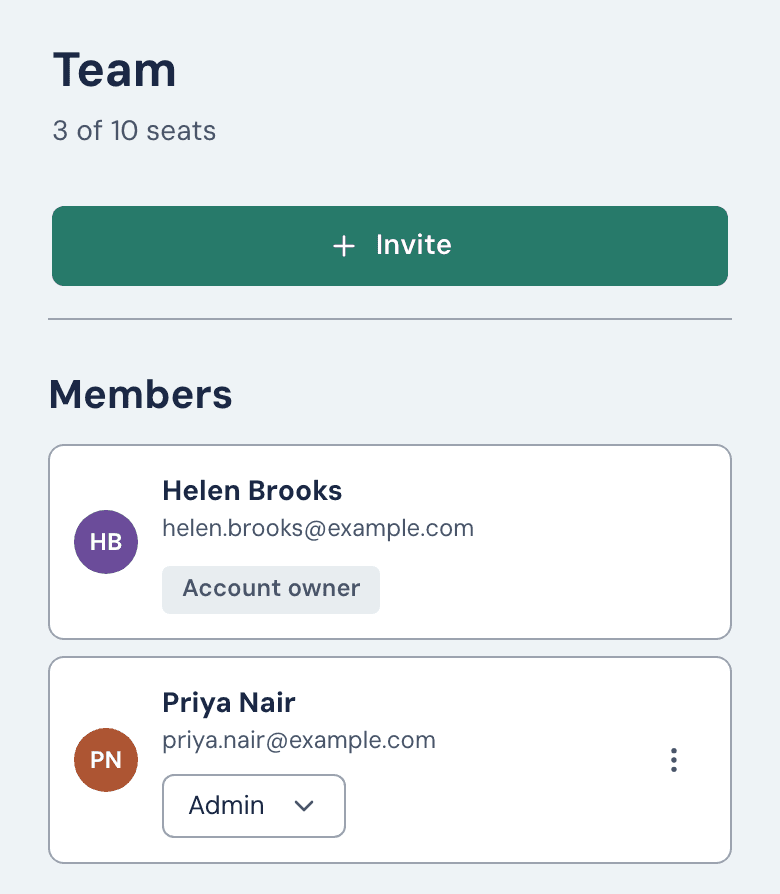 The Team page with the Invite button, the Account owner's row, and an Admin member's row with its role menu.