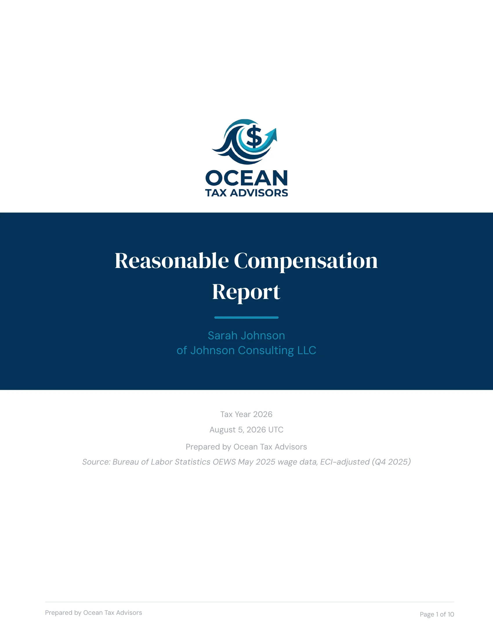 White-labeled report cover page showing custom logo, colors, and firm name