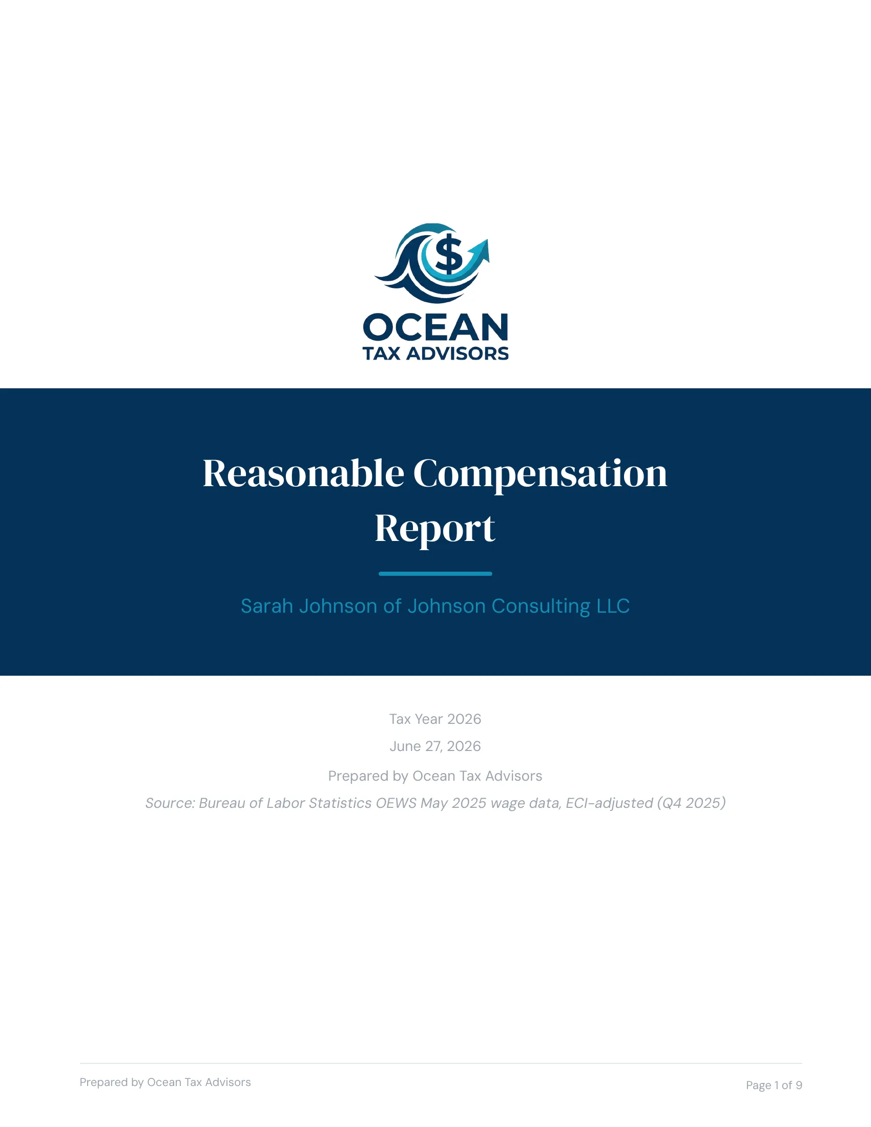 White-labeled report cover page showing custom logo, colors, and firm name
