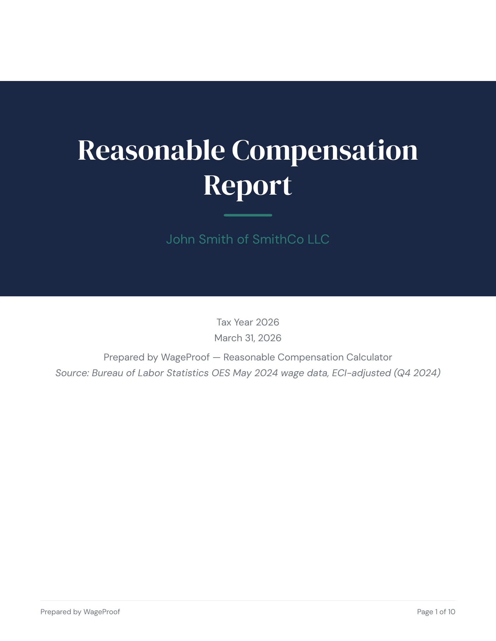 Sample reasonable compensation report cover page