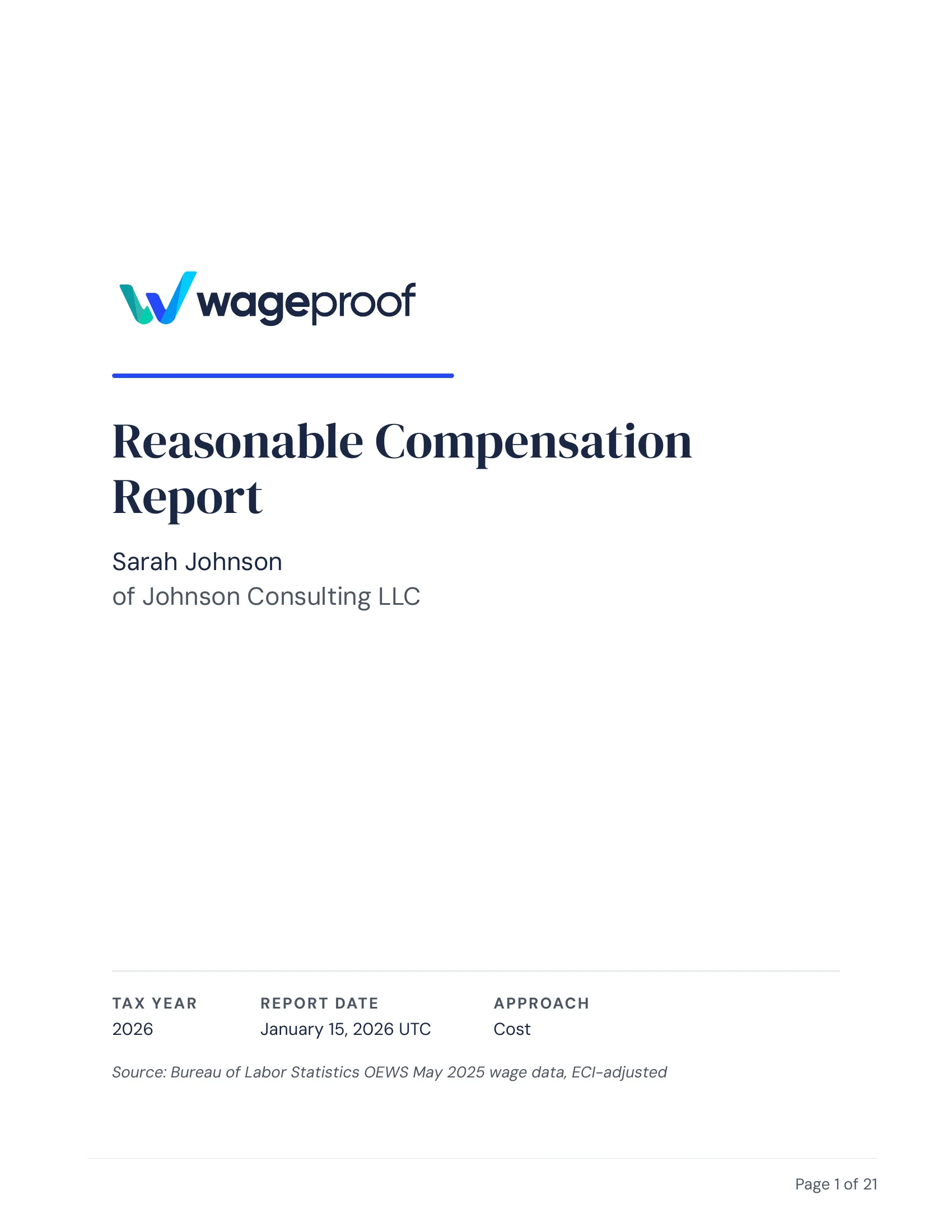 Sample reasonable compensation report cover page