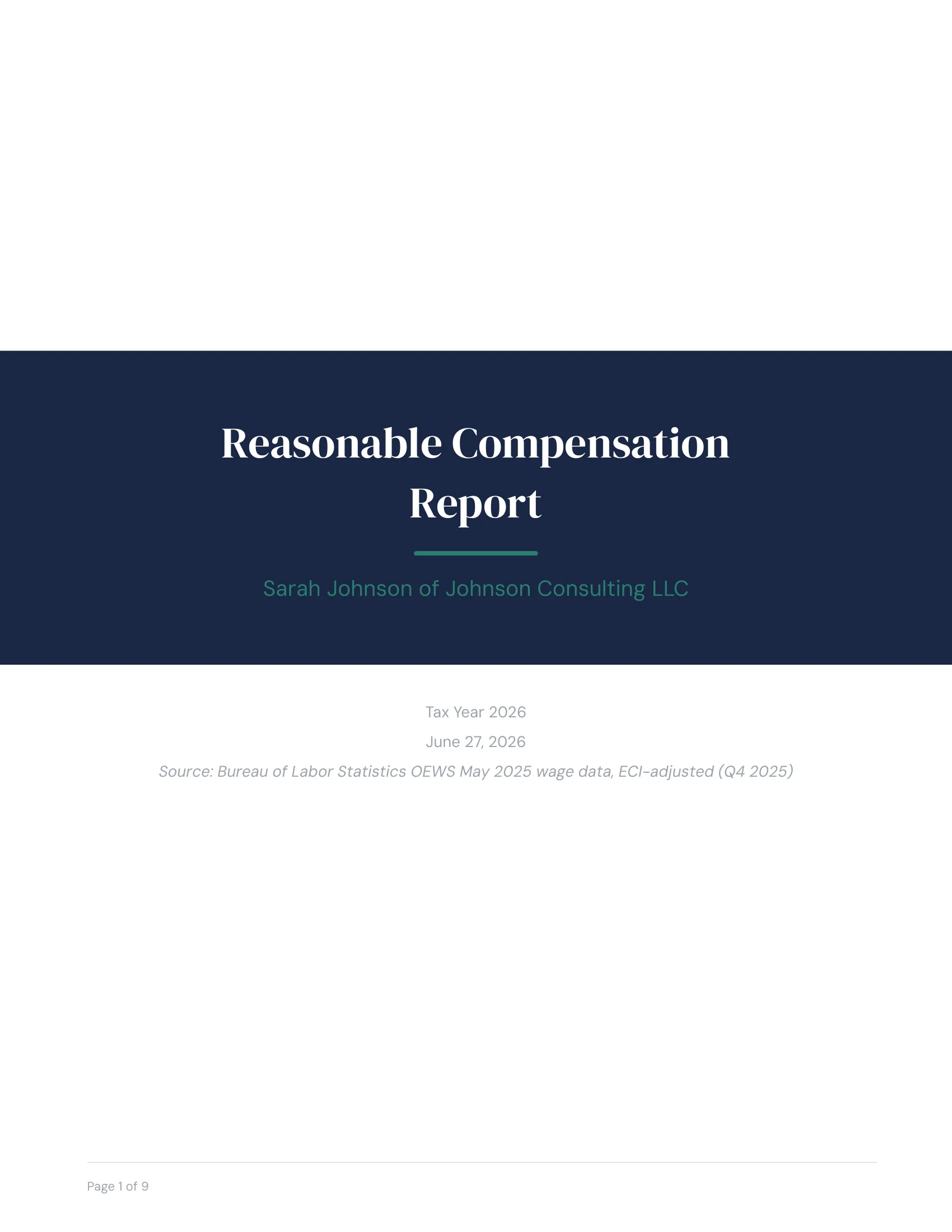 Sample reasonable compensation report cover page