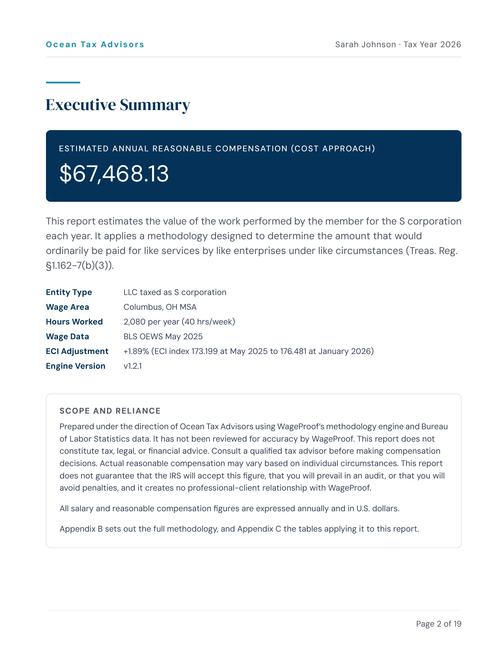 Sample, white-labelled for Ocean Tax Advisors: Sarah Johnson, $67,468 reasonable compensation, Tax Year 2026, BLS OEWS May 2025 · Columbus, OH MSA · ECI-adjusted