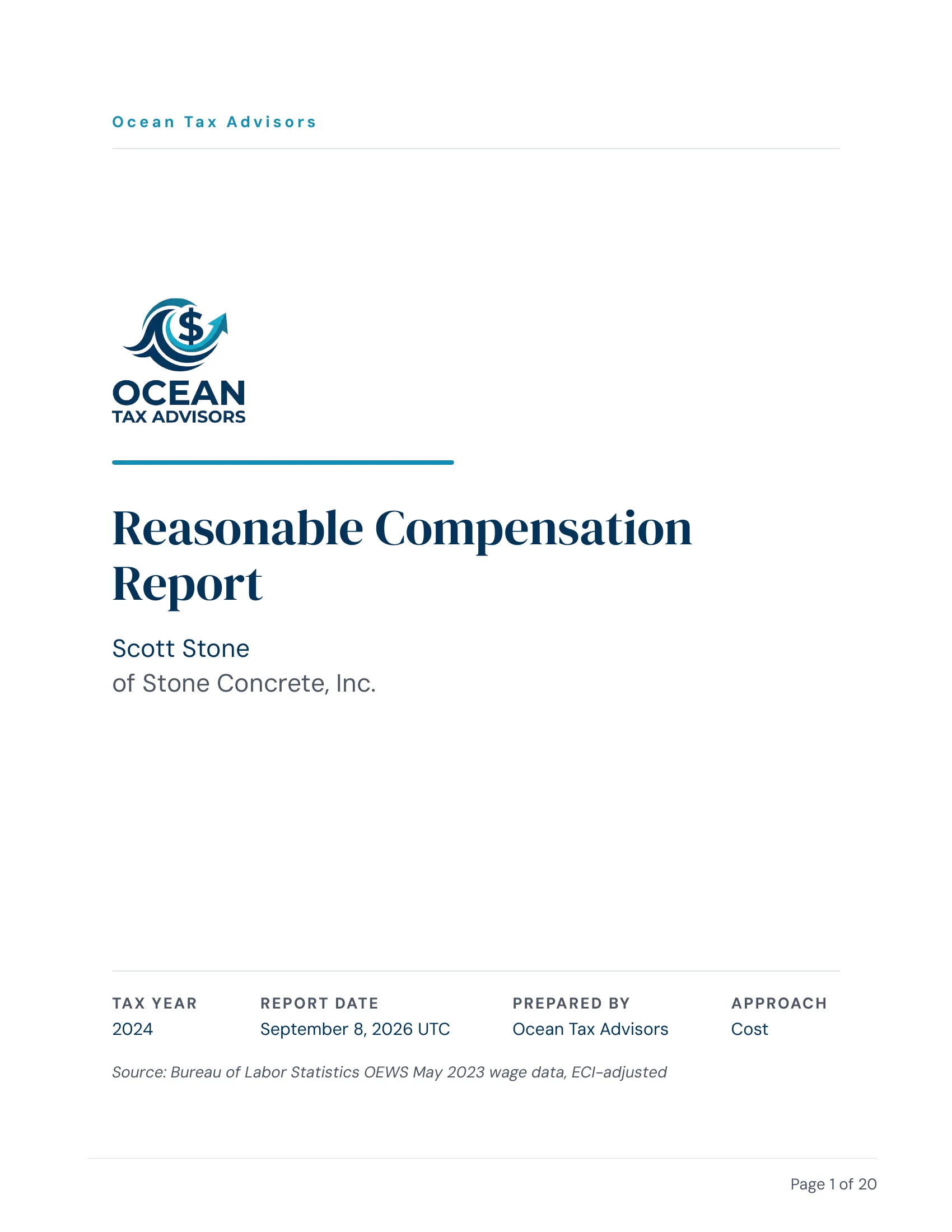 Cover of WageProof’s sample report for Stone Concrete, Inc., branded for Ocean Tax Advisors, a fictional firm