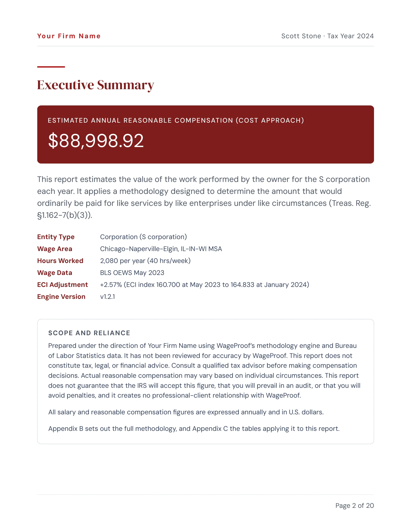 The Executive Summary page of the same Stone Concrete report under “Your Firm Name”, in a firm’s own colors (example 1 of 3)