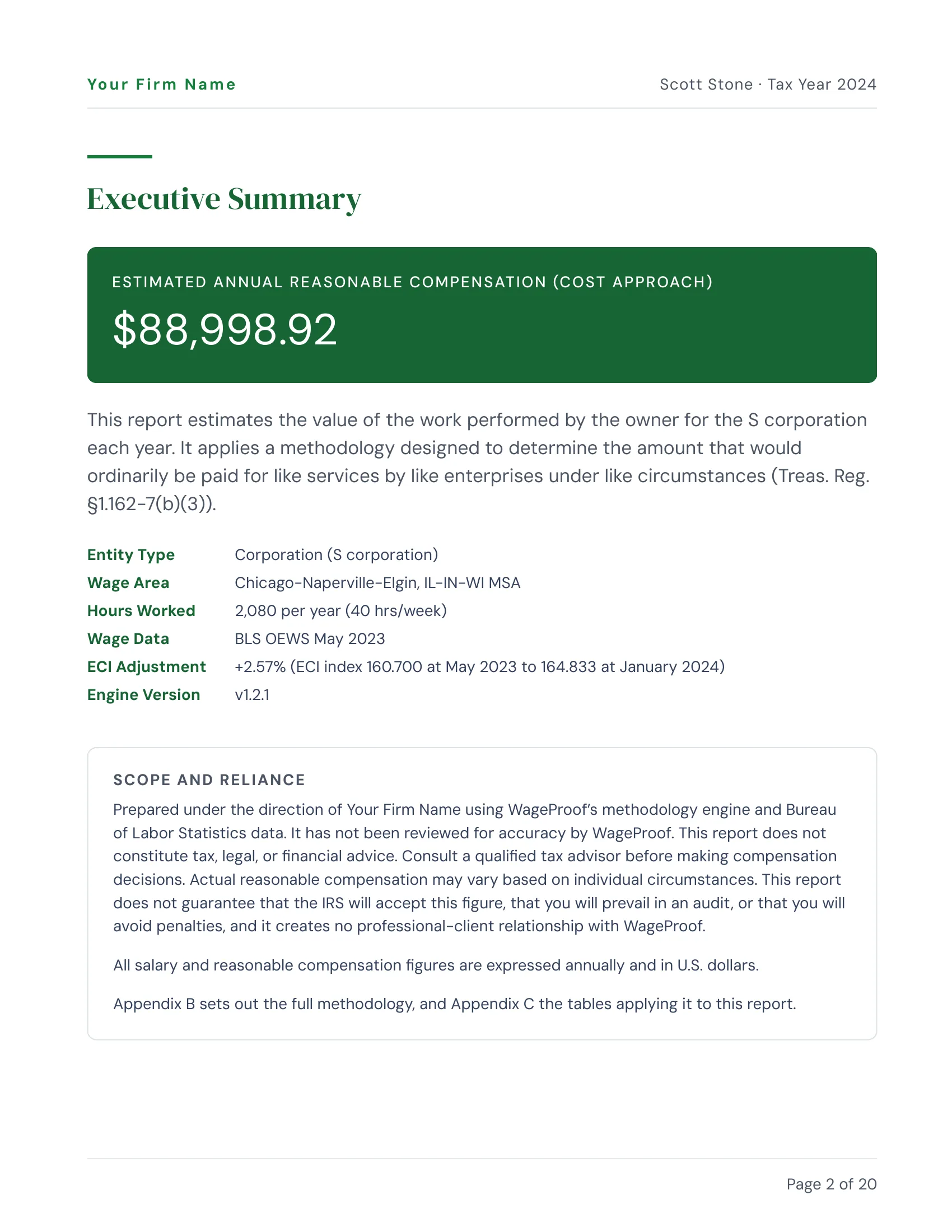 The Executive Summary page of the same Stone Concrete report under “Your Firm Name”, in a firm’s own colors (example 2 of 3)