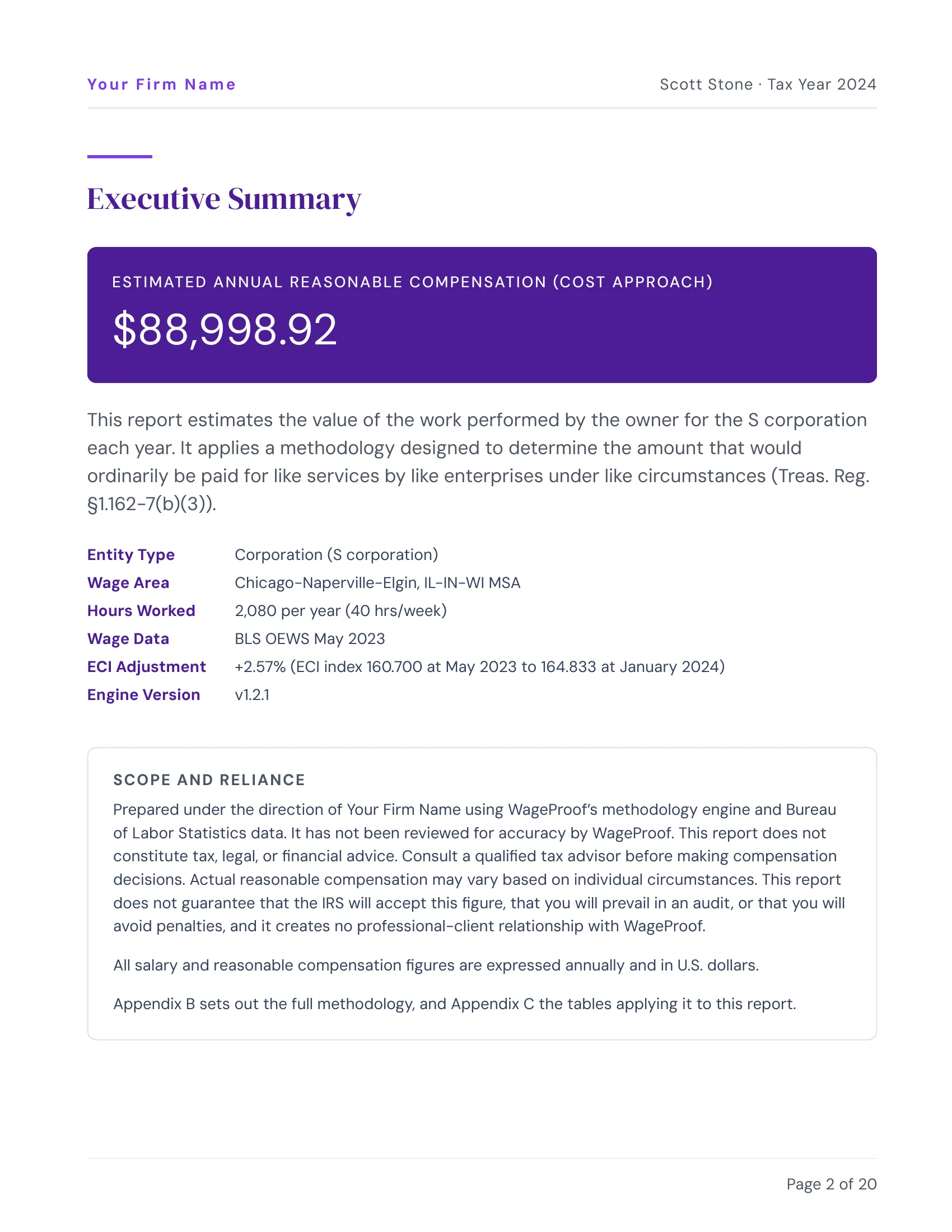 The Executive Summary page of the same Stone Concrete report under “Your Firm Name”, in a firm’s own colors (example 3 of 3)
